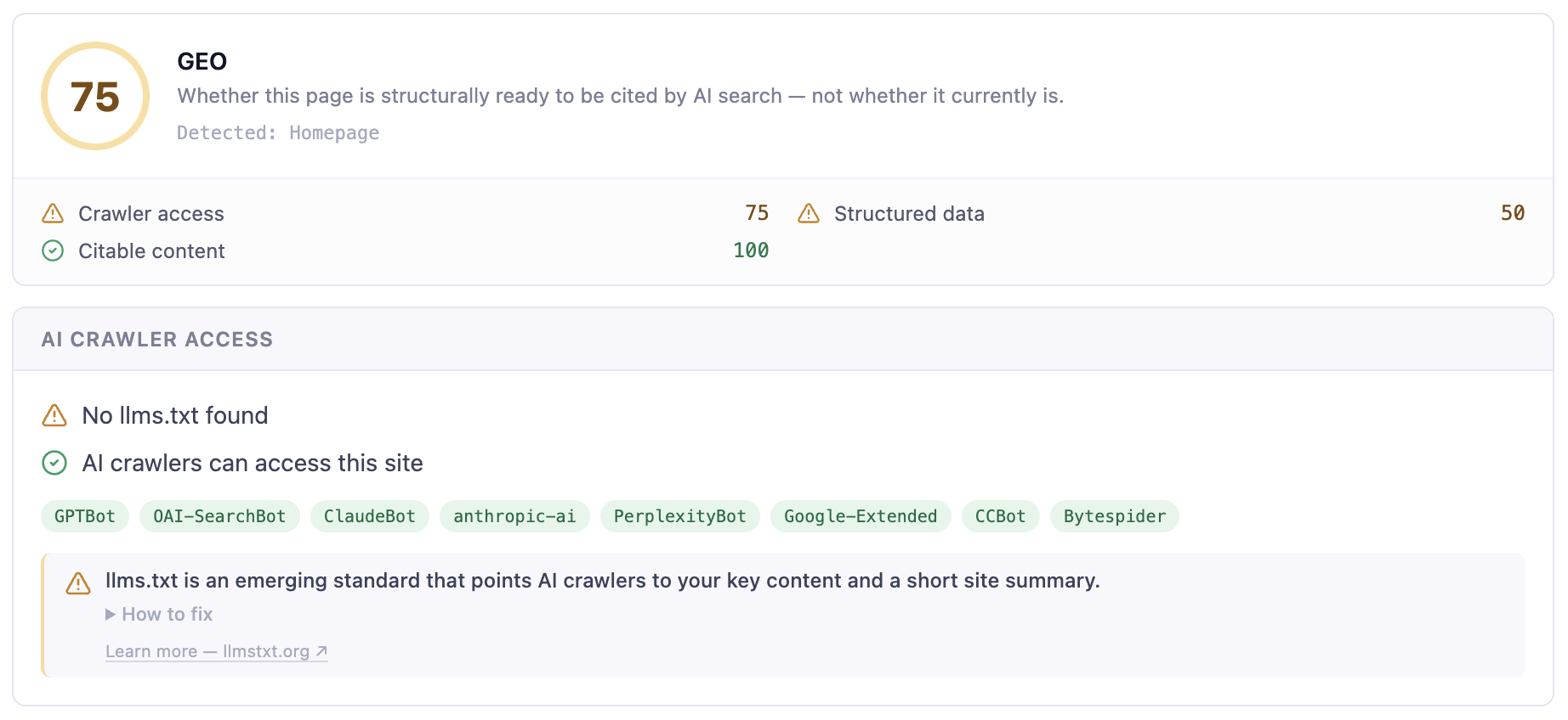 Inspect GEO tab — AI-readiness score, crawler access, and structured data