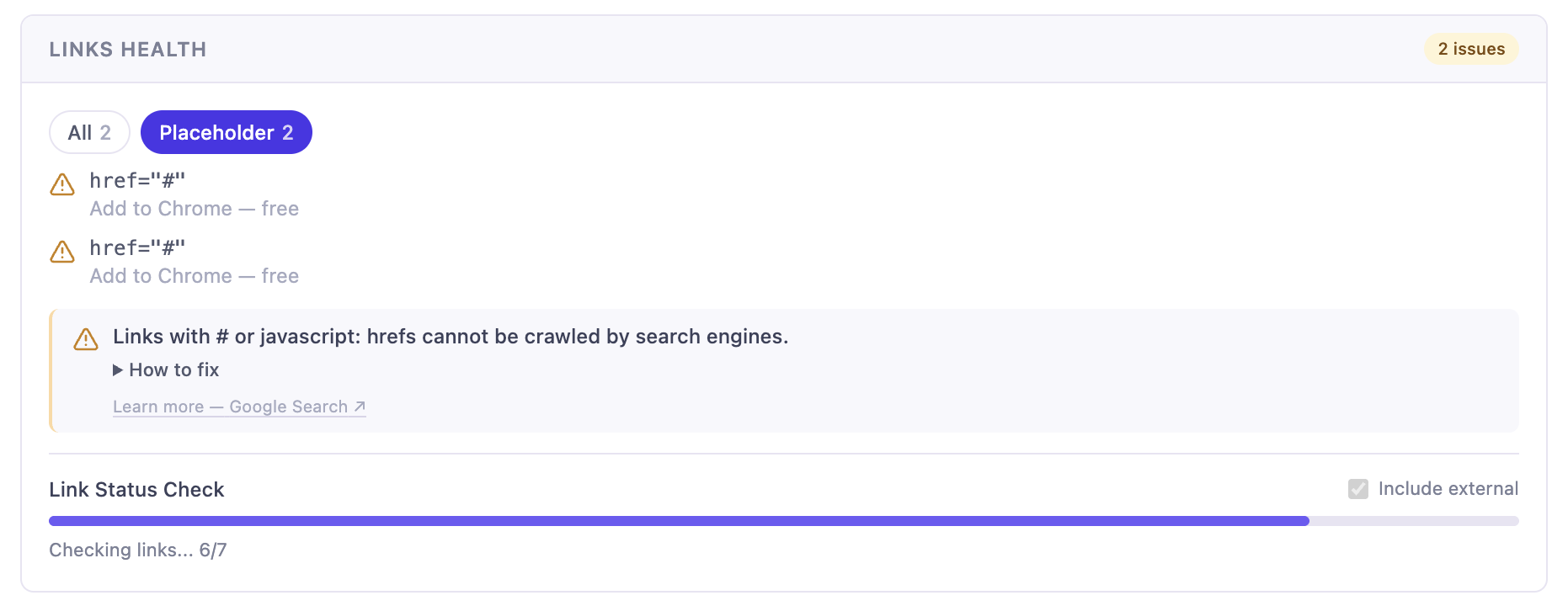 Inspect Links tab — link text, crawlable links, and broken-link audits