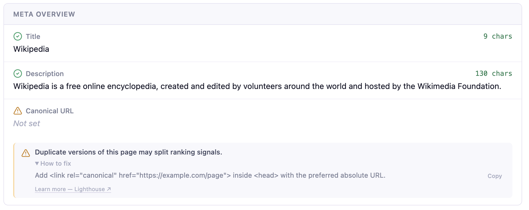 Inspect Meta tab — title, description, and social card audits